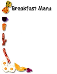 Decorative breakfast menu border with illustrated food items like eggs, bacon, fruit, and coffee.