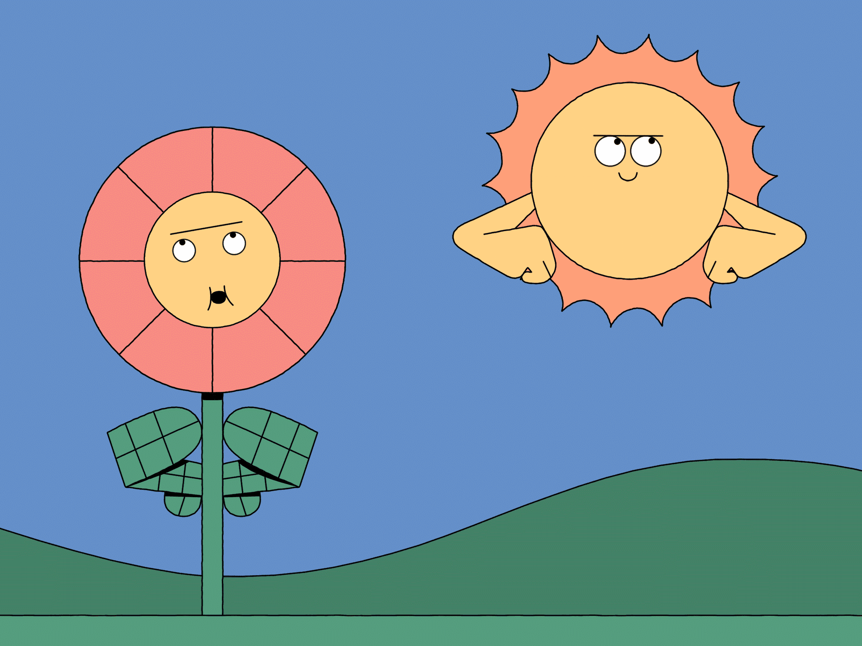 A cartoon sun with arms and a smug expression floats beside a surprised pink flower on a green hill under a blue sky.