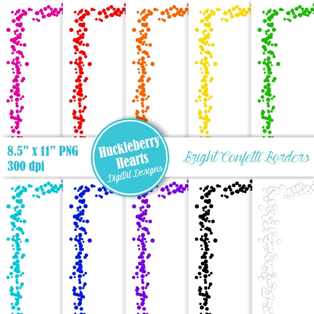 Bright confetti border graphics in 10 vibrant colors, PNG format, 8.5x11 inches, 300 dpi, by Huckleberry Hearts Digital Designs.