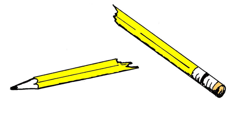 A yellow pencil broken into two pieces, one with a sharpened tip and the other with an eraser, against a white background.