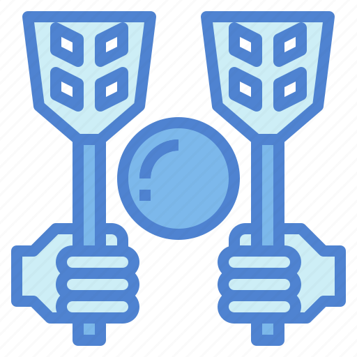 Blue vector illustration of two hands holding trophies flanking a central circular icon with a question mark, on a diagonal striped background.