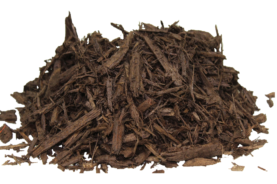 A mound of dark brown wood chip mulch, finely shredded and ready for garden use.