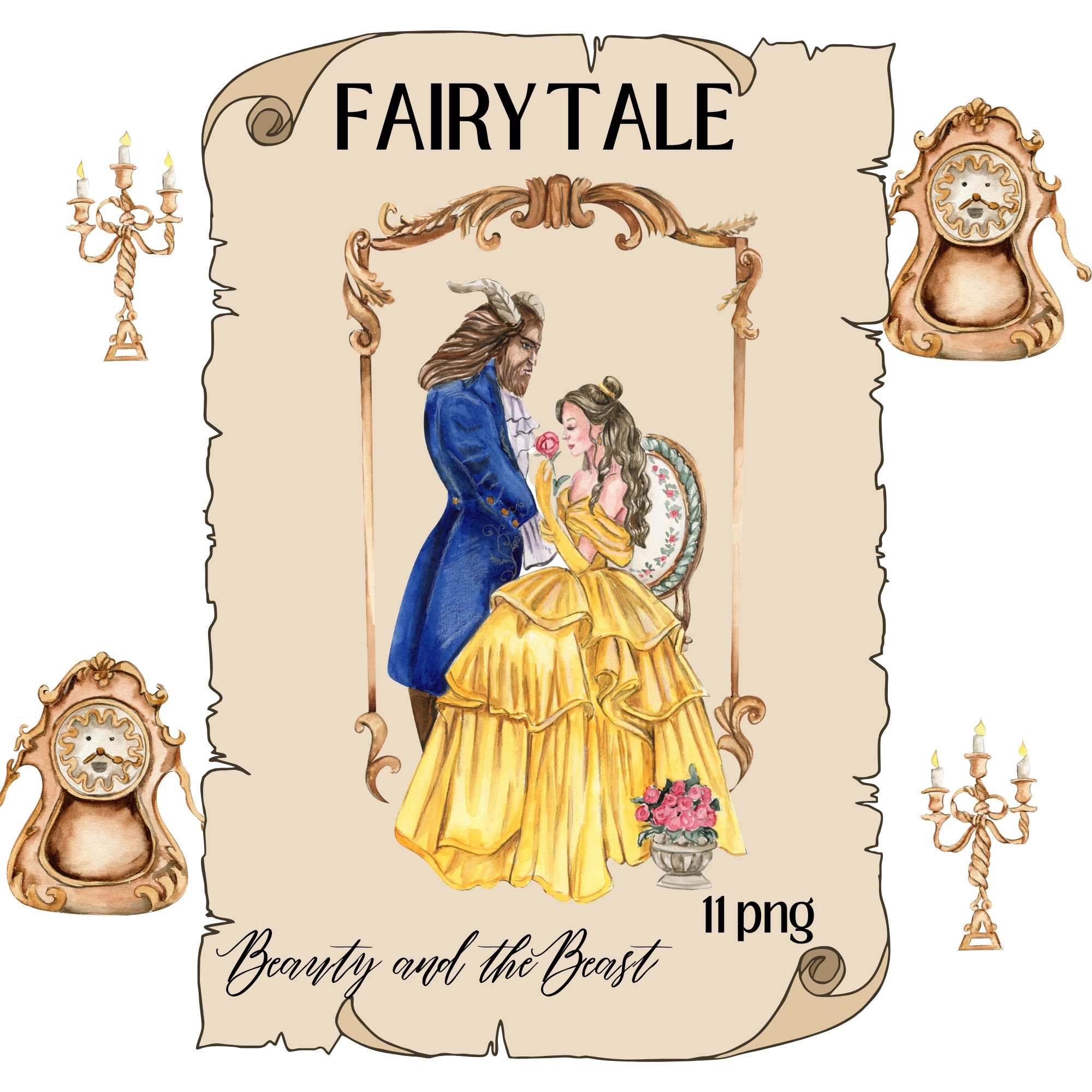 Watercolor illustration of Beauty and the Beast with ornate candelabras and clocks on aged parchment background.