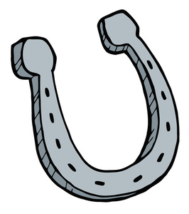 A stylized gray horseshoe with black stitching details, depicted in a cartoonish illustration style.