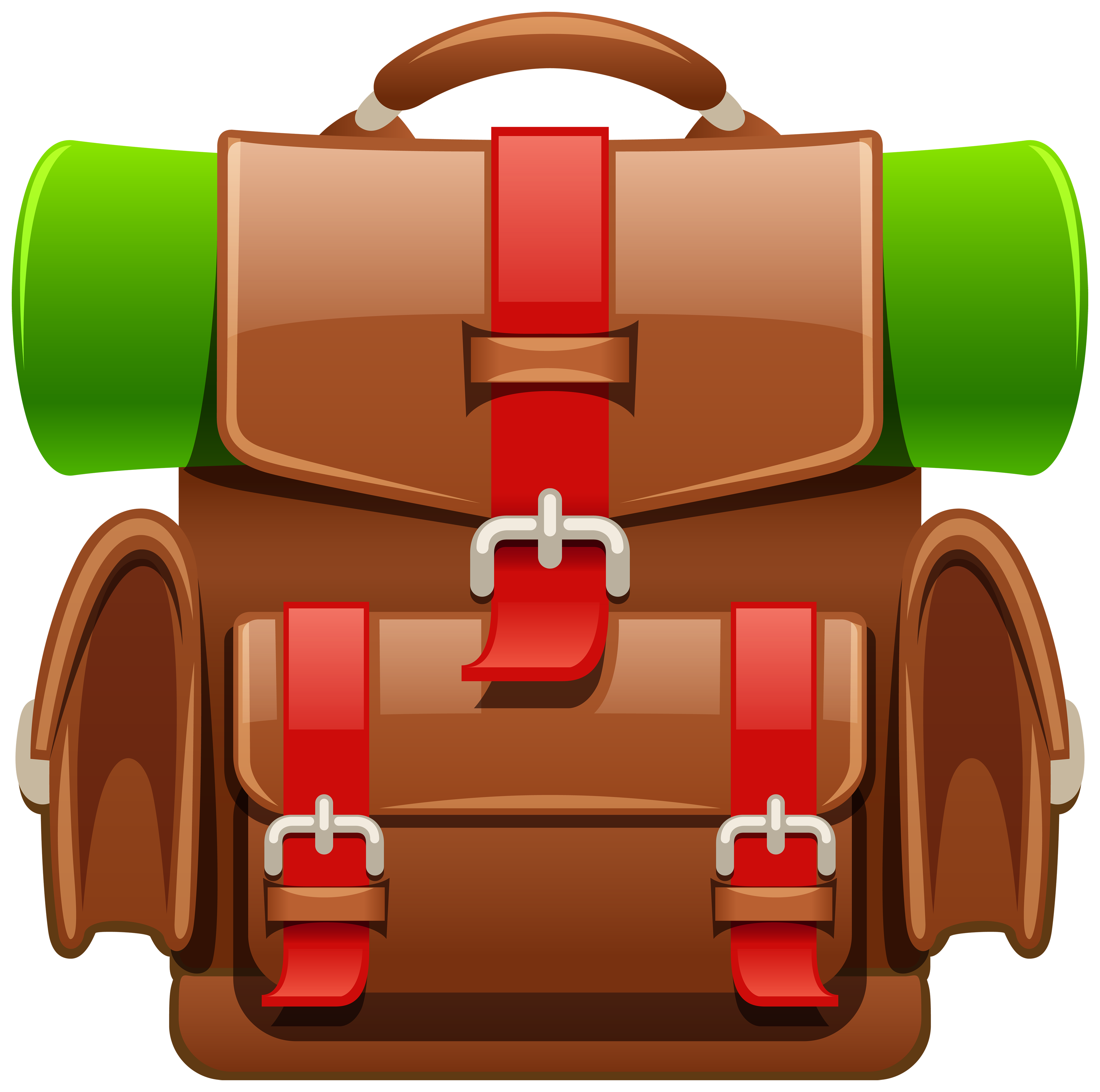 Brown leather satchel with red straps and silver buckles, set against a vibrant green background.