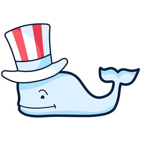 A cheerful light-blue whale wearing a red-and-white striped top hat, styled in a patriotic cartoon design.