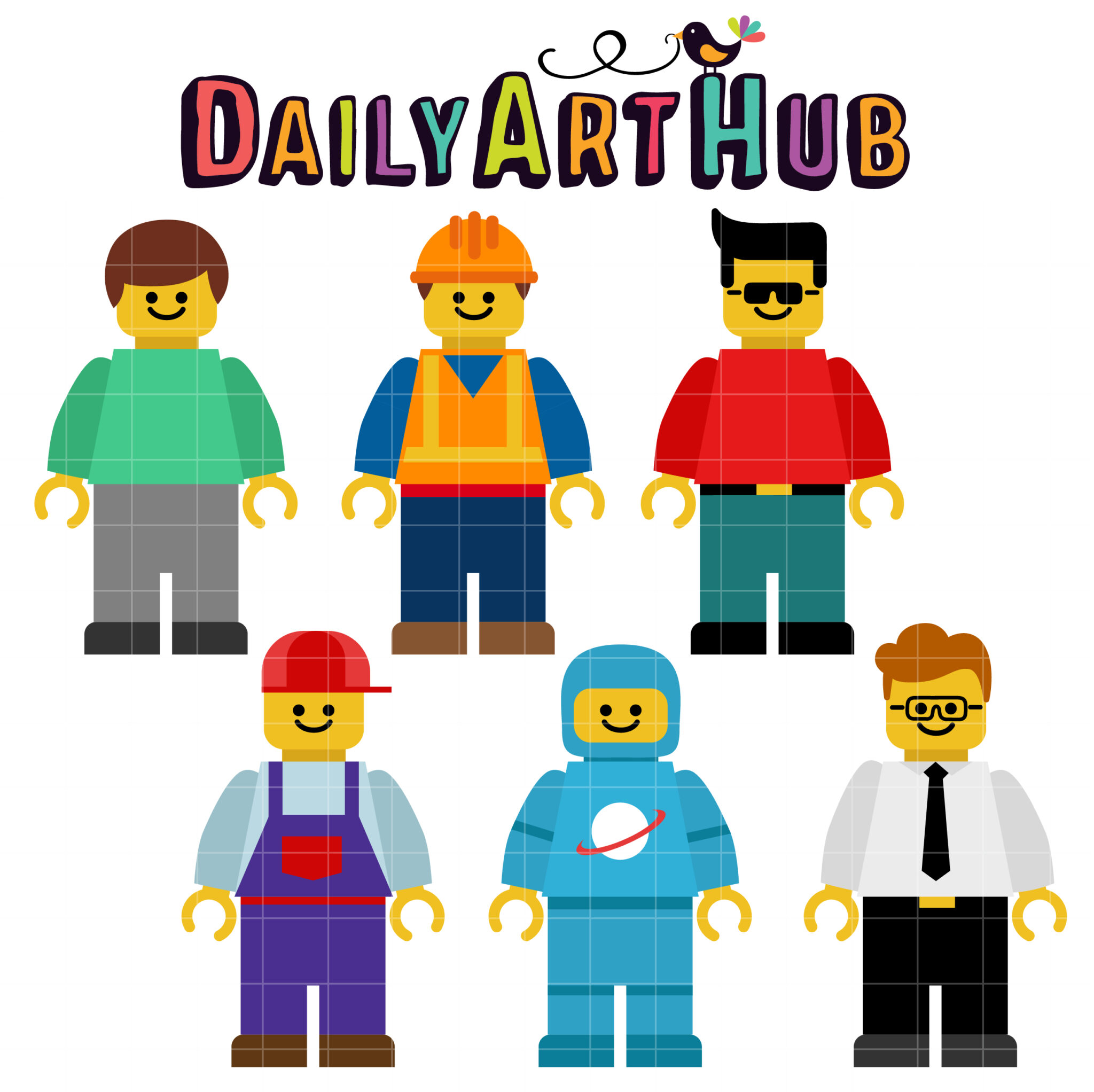 Six colorful LEGO-style minifigures representing diverse professions under "DailyArtHub" logo with a bird.