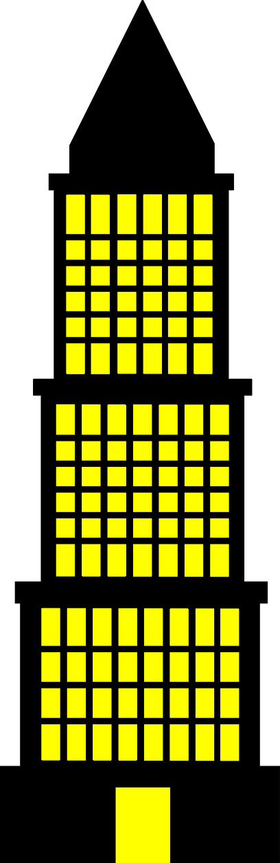 Stylized black skyscraper with bright yellow windows and a pointed spire, cartoon-style illustration.