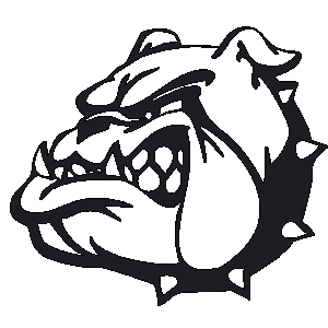 Aggressive bulldog mascot logo with spiked collar, stylized black-and-white illustration.