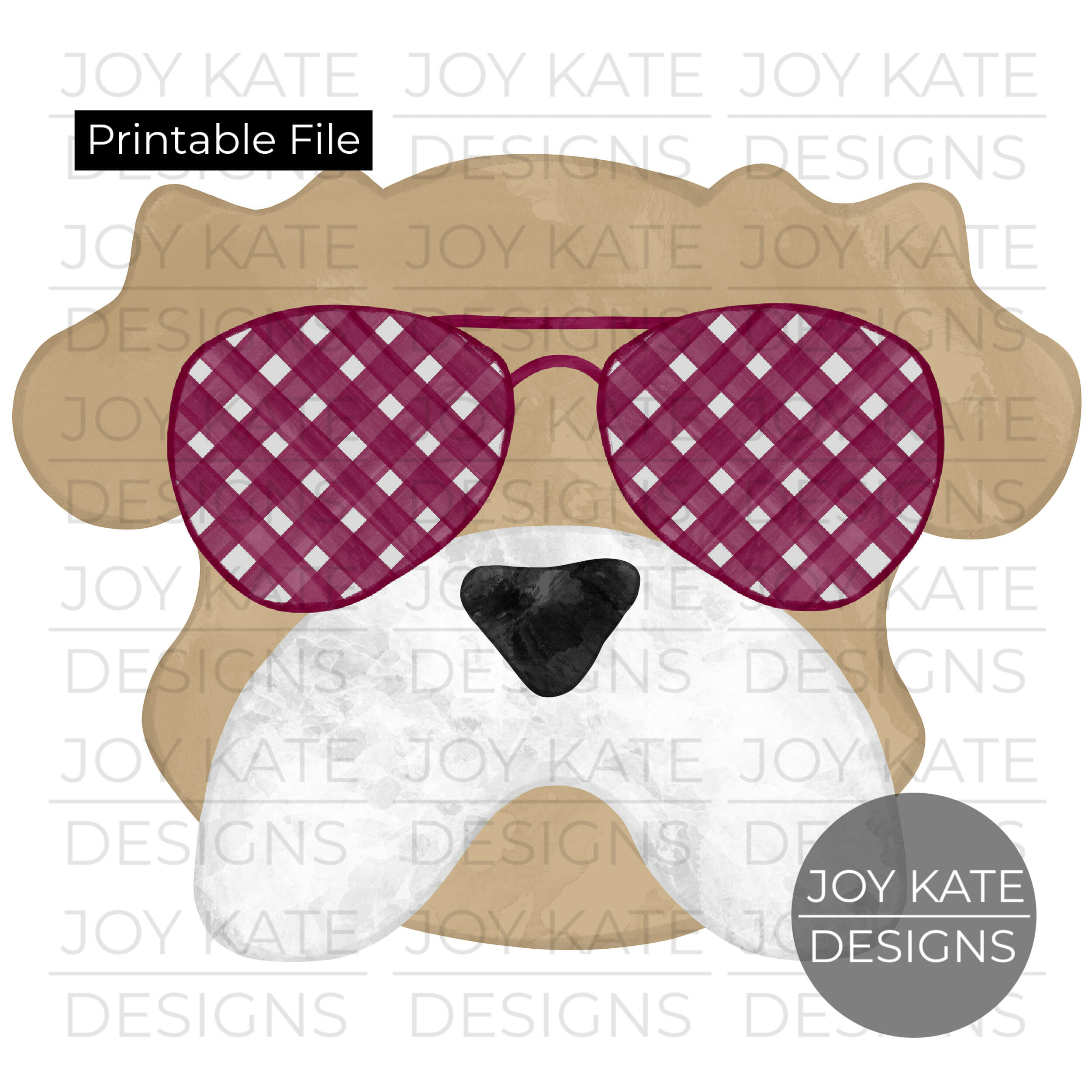 Printable Bulldog with Gingham Sunglasses - Joy Kate Designs