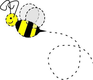 A cheerful cartoon bee with yellow-and-black stripes, smiling face, and dashed flight path indicating movement.