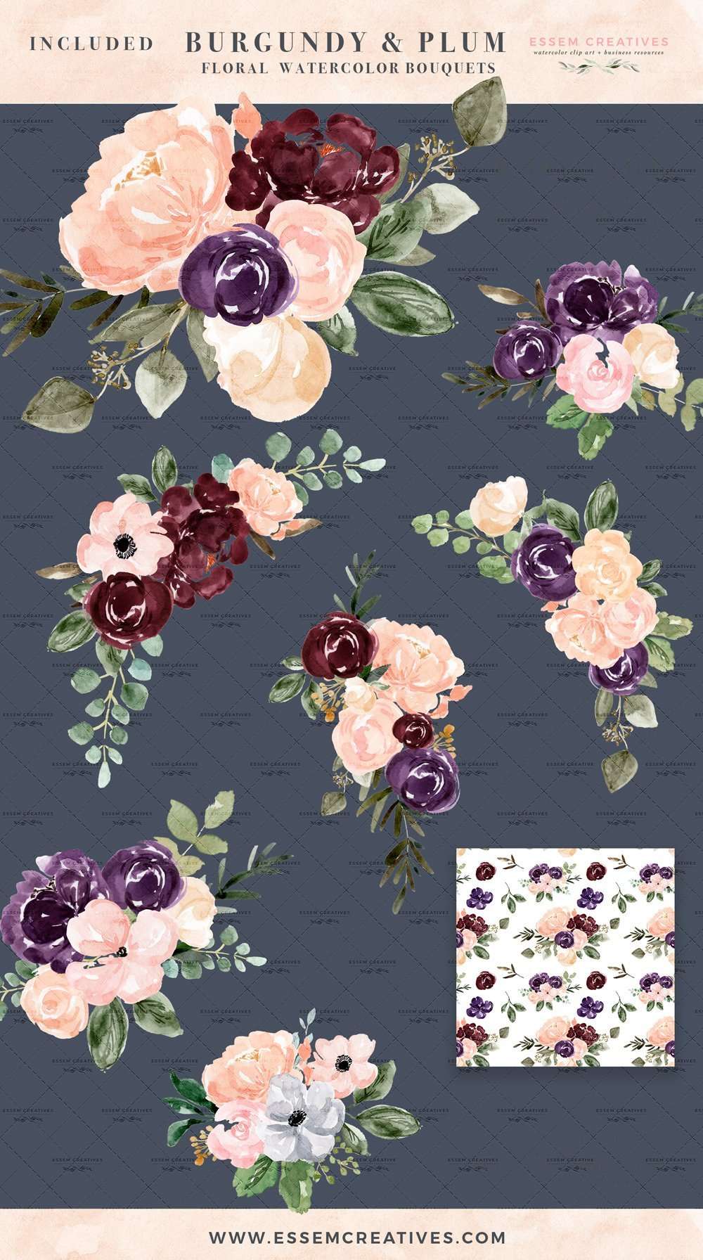 Burgundy & Plum Watercolor Floral Bouquets - Clip Art by Essem Creatives