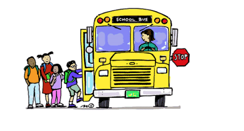 Yellow school bus with stop sign extended, driver inside, and four diverse children boarding.
