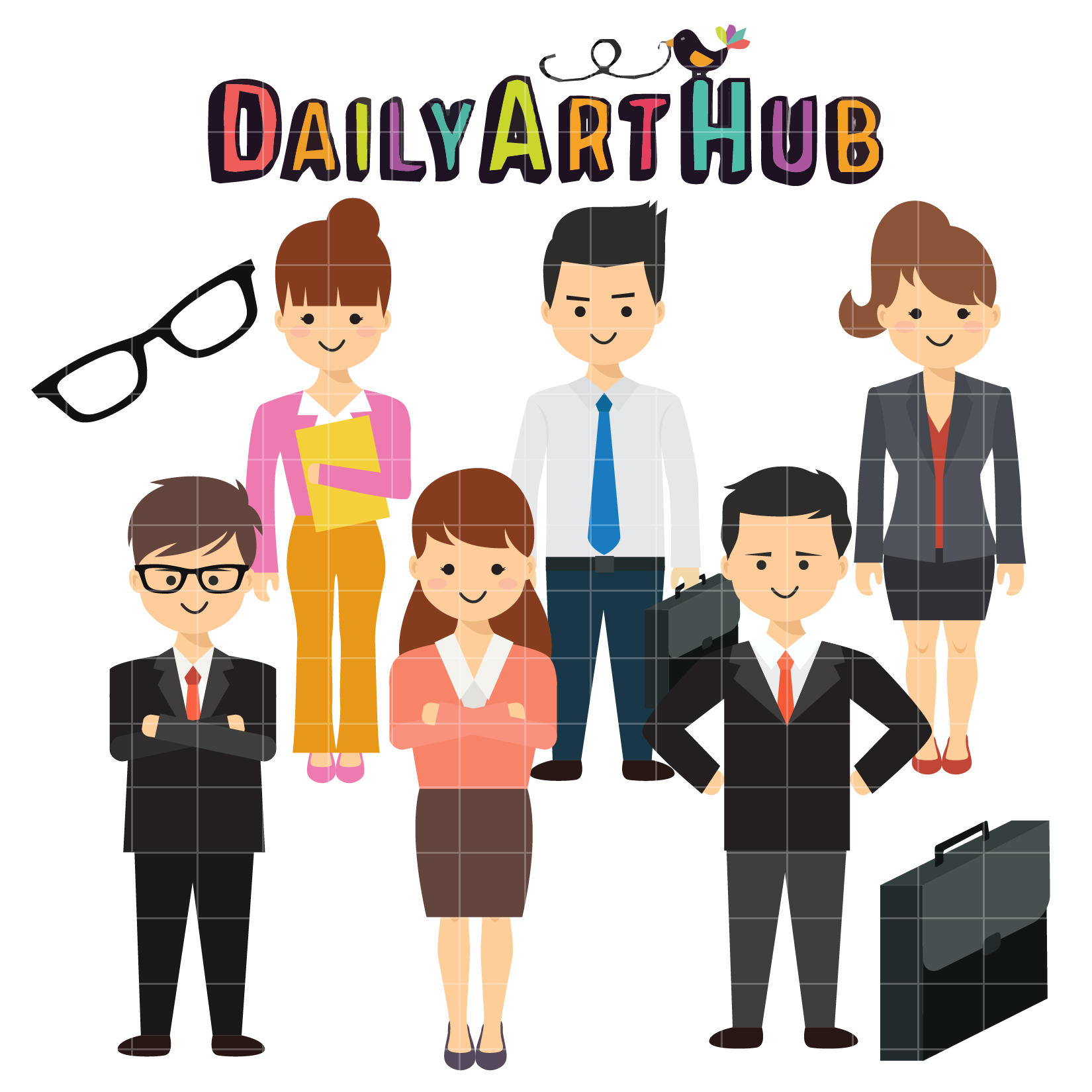 Colorful cartoon illustration of six diverse business professionals with briefcases, glasses, and documents under "DailyArtHub" logo.