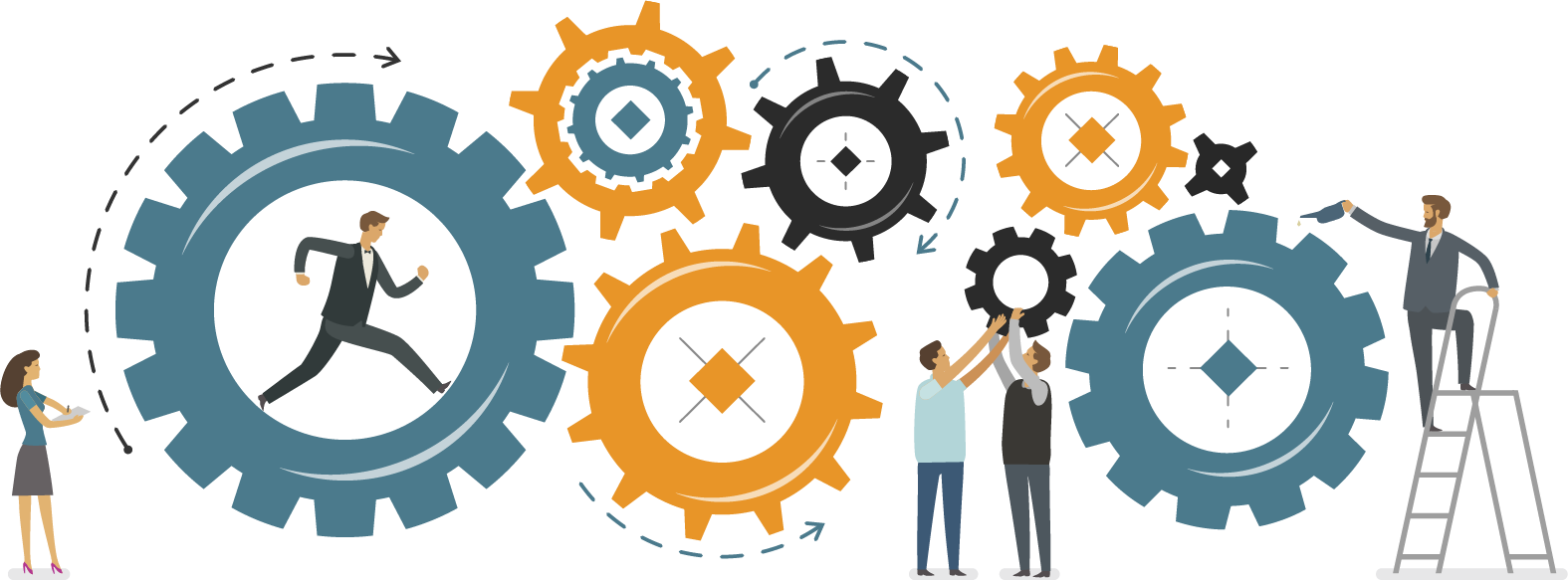Team members collaborate to assemble and align interlocking gears, symbolizing workflow optimization and teamwork in business operations.