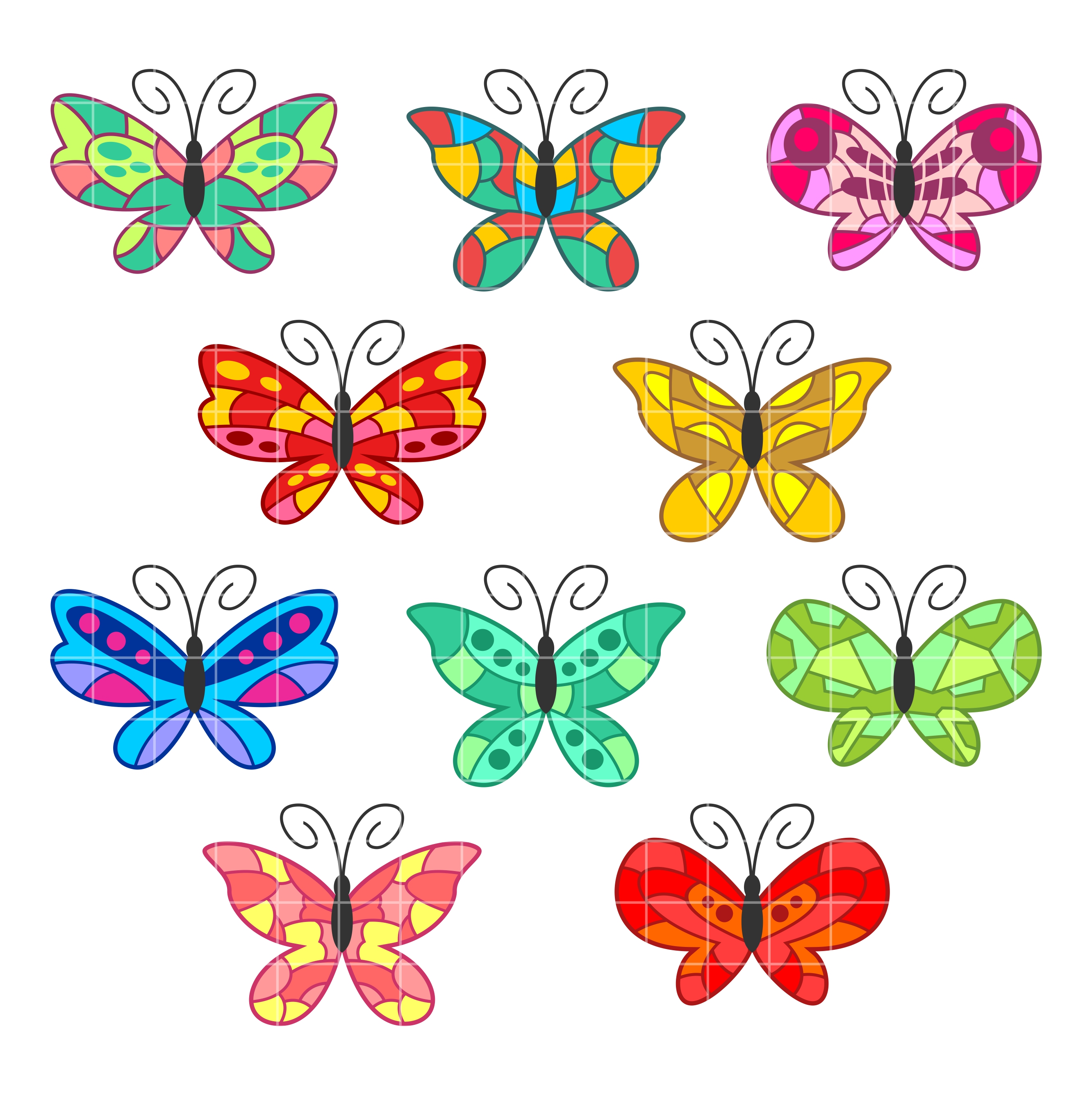 Ten colorful stylized butterflies with geometric and patterned wings in vibrant hues, arranged in a grid on white background.