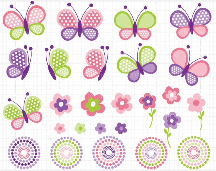 Free Butterfly & Flower Clipart Set - Polka Dot Design Elements
