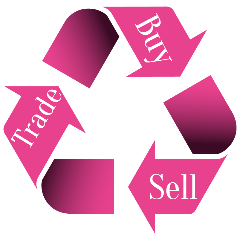 Pink recycling-style diagram with three arrows labeled Buy, Sell, and Trade in a circular flow.