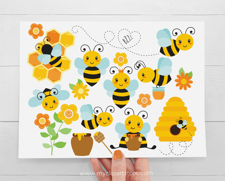Cute cartoon bees, honeycombs, flowers, and jars of honey on a white background-perfect for kids’ crafts or printables.