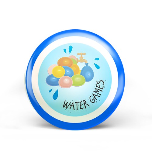 Blue circular badge with colorful water balloons, faucet, and "WATER GAMES" text for summer fun activities.