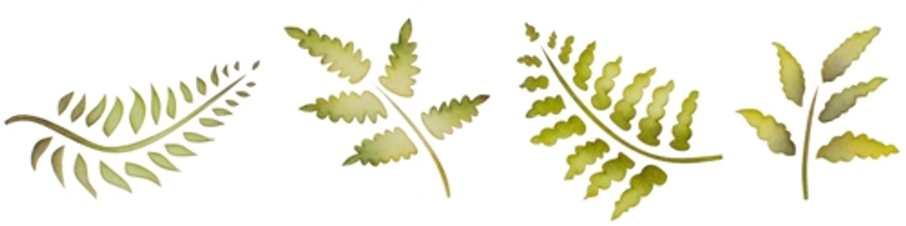Four stylized fern leaf illustrations in soft green watercolor tones on white background.