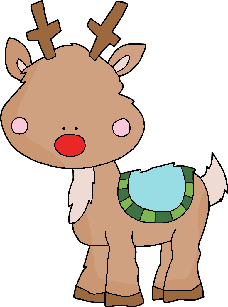 Cute cartoon reindeer with red nose, brown antlers, and green-and-blue harness on green background.