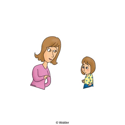 A woman in a pink shirt points while speaking to a concerned-looking child in a yellow polka-dot shirt.