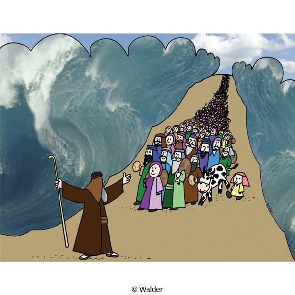 Moses parting the Red Sea with Israelites crossing on dry ground, waves towering on both sides.