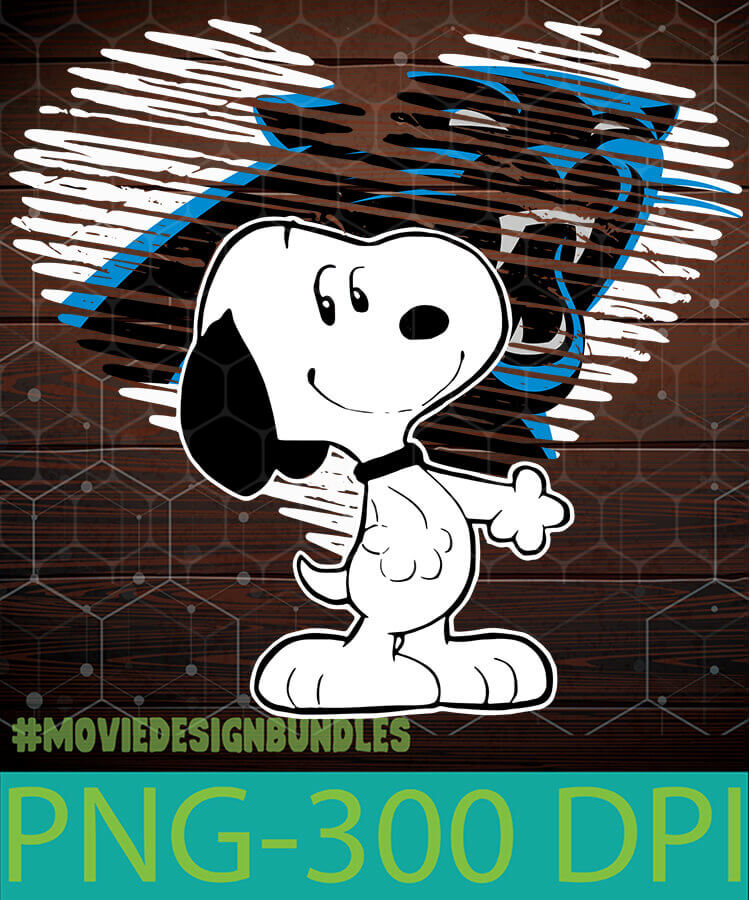 Snoopy in black-and-white cartoon style with Carolina Panthers logo background, high-res PNG at 300 DPI.
