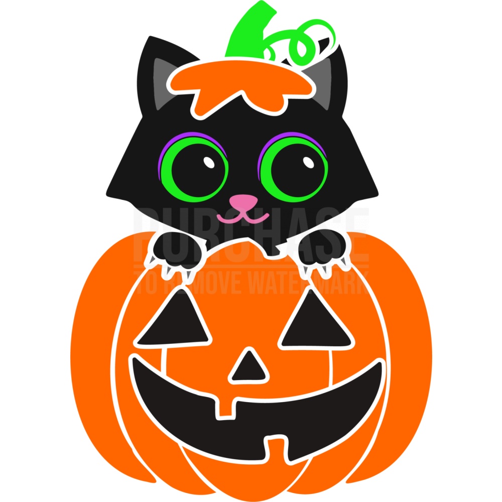 Cute black cat with green eyes peeking out of a jack-o'-lantern, wearing a pumpkin hat.