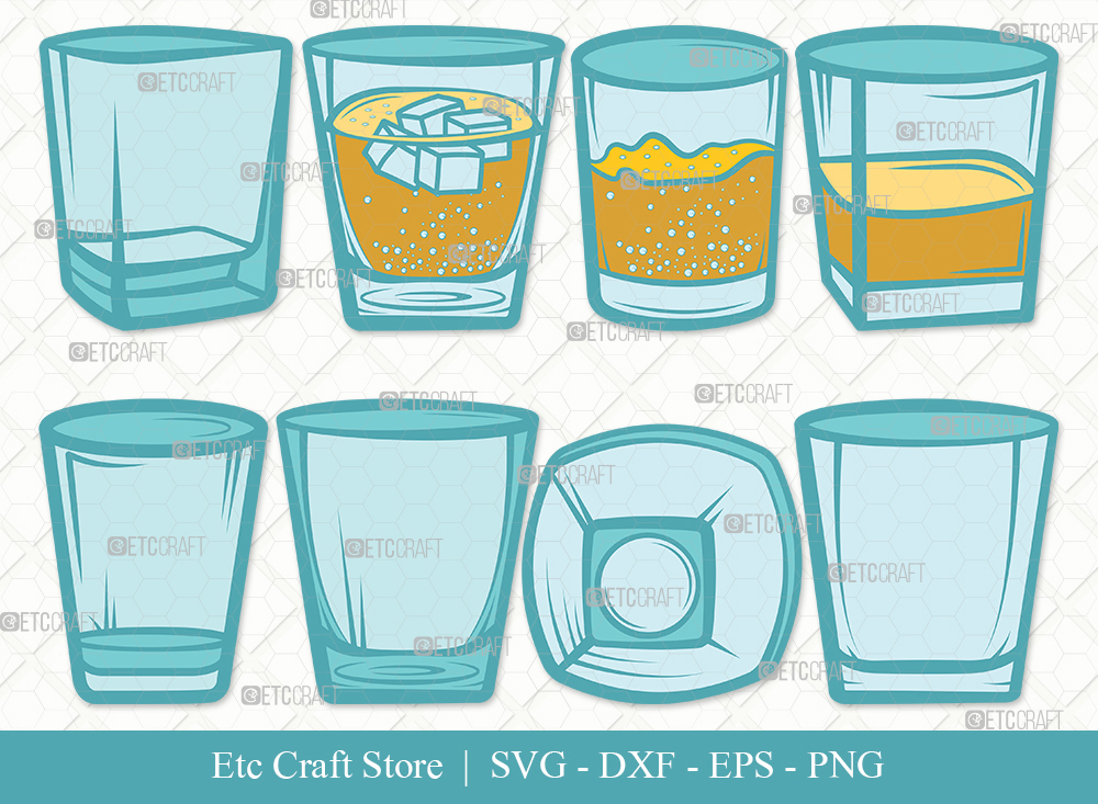 Set of eight illustrated drinking glasses in various styles and fill levels, including whiskey with ice, soda, and empty tumblers.