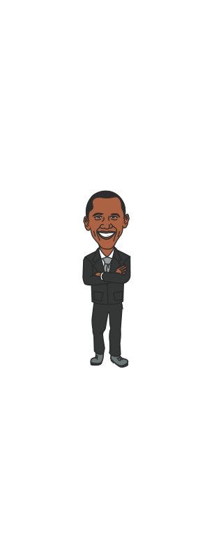 Cartoon caricature of a smiling man in a dark suit with arms crossed, standing against a black background.