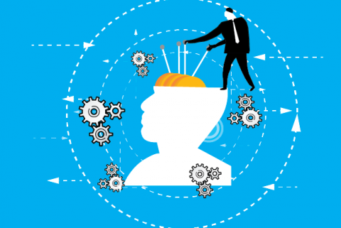 A silhouette of a human head with gears and a businessman adjusting brain mechanisms, symbolizing cognitive optimization and AI integration.