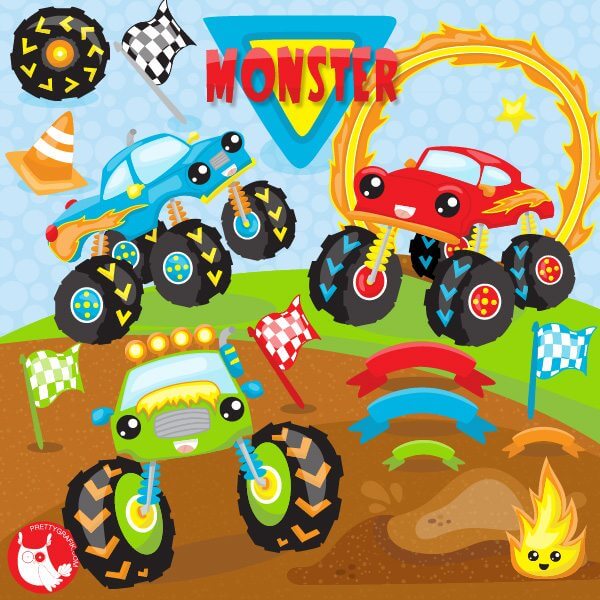 Colorful cartoon monster trucks racing with flags, flames, and checkered banners on a dirt track.