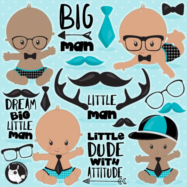 Cute cartoon baby boys in bowties, glasses, mustaches, and caps with "Big Man" and "Little Dude with Attitude" text on light blue background.