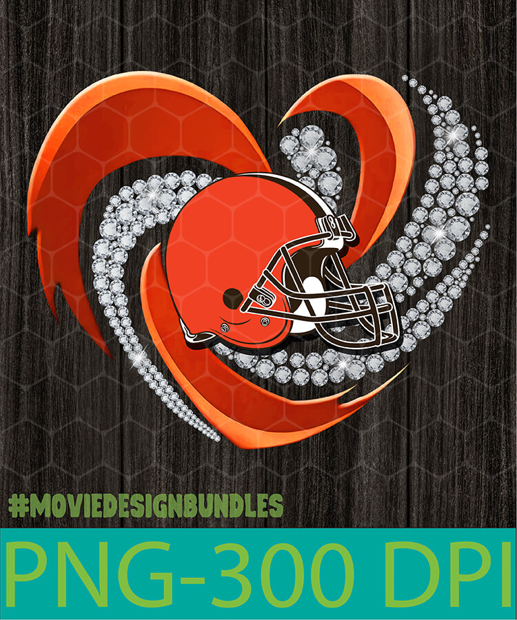 Cleveland Browns helmet inside an orange heart with diamond accents on dark wood background.