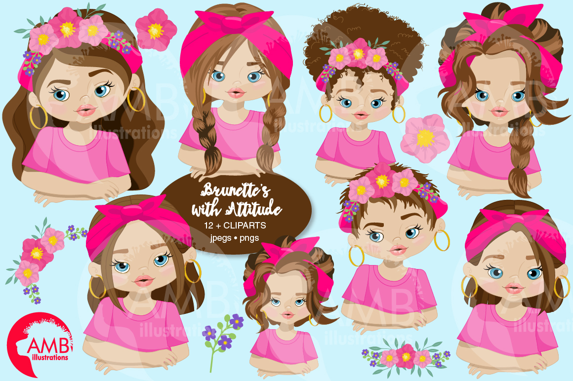 Collection of 12 cartoon brunette girls with pink outfits, floral crowns, and confident expressions-clipart set by AMB Illustrations.