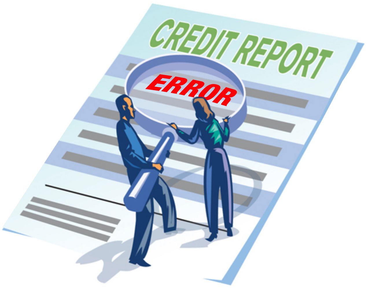 Two professionals examine a credit report with a magnifying glass highlighting the word "ERROR" in red.