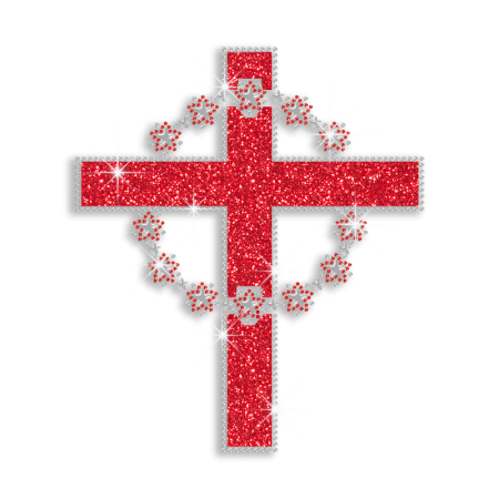 Glittering red Christian cross adorned with silver stars and rhinestones on black background.