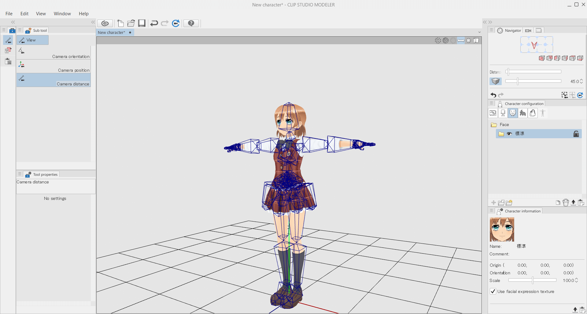 Clip Studio Modeler interface showing a 3D anime-style character with wireframe rigging and camera controls.