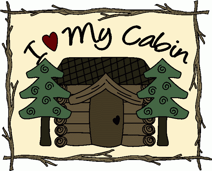 Hand-drawn "I ♥ My Cabin" illustration with log cabin, pine trees, and twig border.