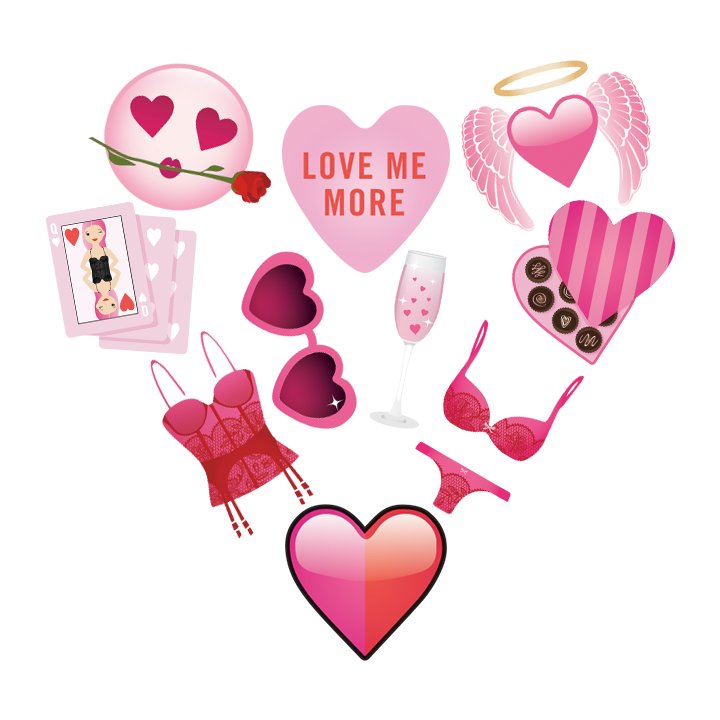 Pink Valentine’s-themed collage with hearts, lingerie, chocolates, cards, and “LOVE ME MORE” text.