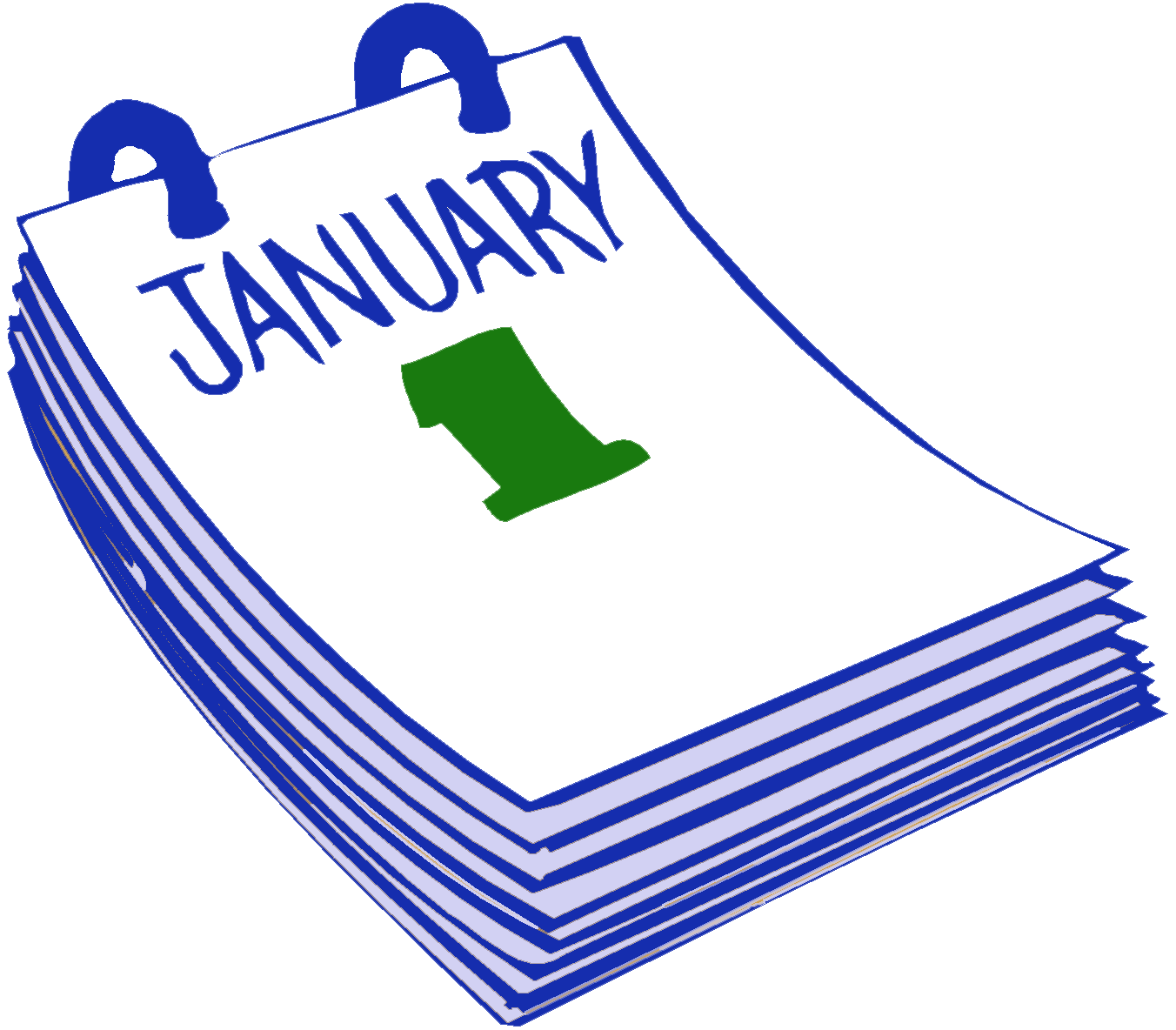 A cartoon-style calendar page showing "JANUARY 1" in bold blue text with a green numeral 1, bound by a blue spiral.