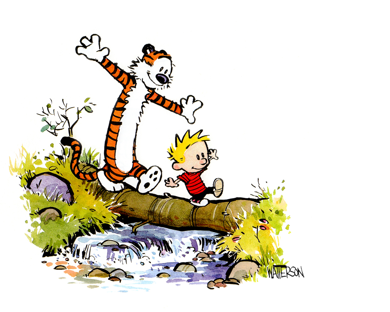 Calvin and Hobbes balance joyfully on a log over a stream, arms outstretched in playful adventure.