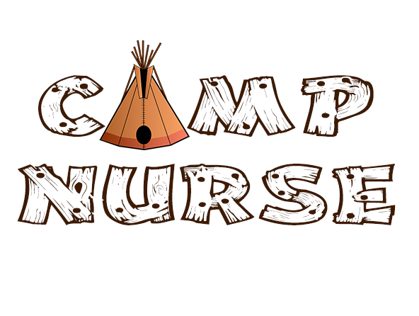 "Camp Nurse" logo with rustic wooden-textured letters and a teepee replacing the letter A.