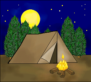 A brown camping tent under a full moon with pine trees and a crackling campfire in front.