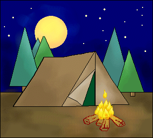 Night Camping Scene - Tent, Fire, and Moonlit Forest