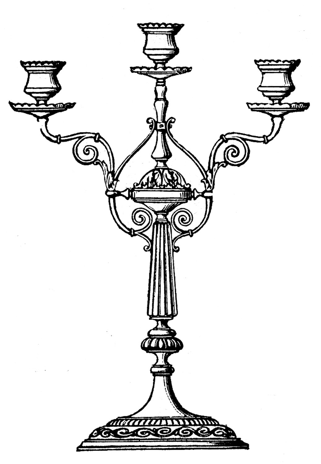 Ornate three-arm candelabra with scrollwork, fluted stem, and decorative base in vintage line drawing style.
