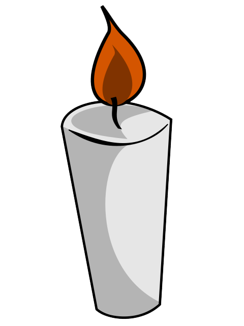 Illustration of a lit candle with orange flame, gray wax body, and decorative swirls inside the wax.