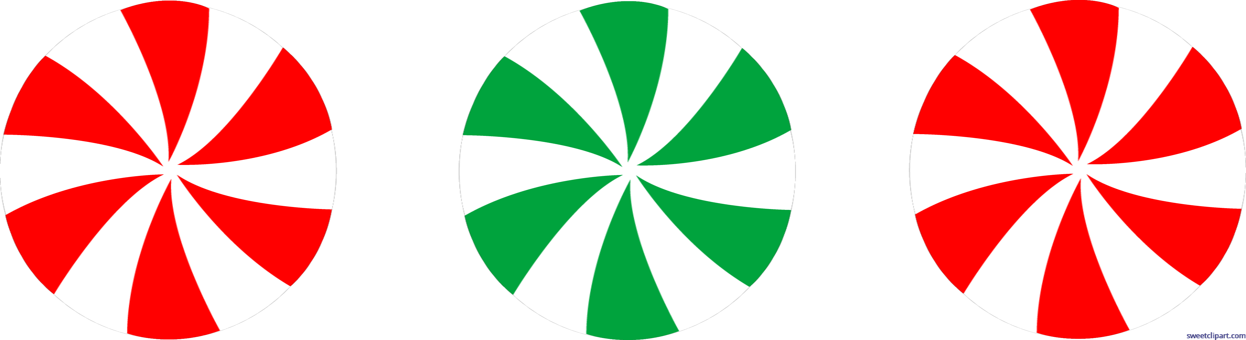 Three circular peppermint candies with red-white, green-white, and red-white spiral stripes on a black background.